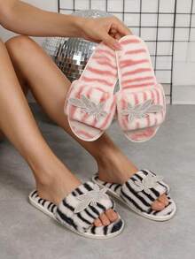 Women's Fluffy Comfortable Plush Slippers With Rhinestone 3D Flower Applique, Pink And White Contrast Striped Pattern, One-Strap Slide, Soft Plush Material, Girly Style Indoor Home Guest Slippers - Black and White - View 5