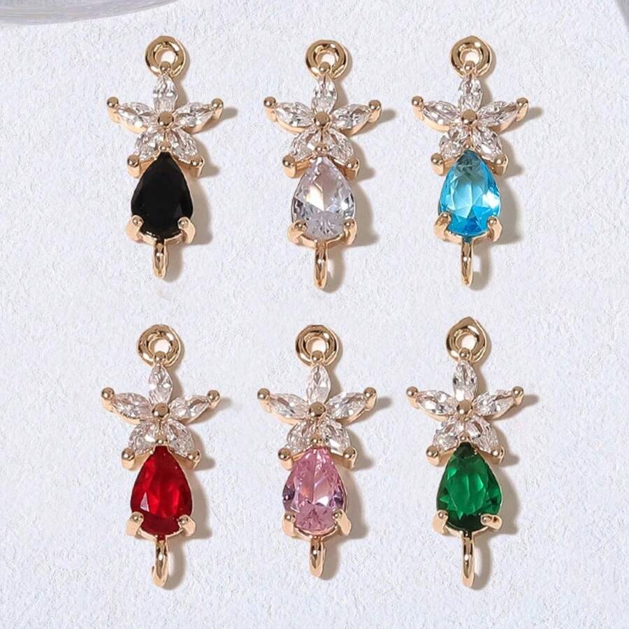 5/10pcs Copper Inlaid Colorful Zirconia Flower & Water Drop Double Pendant, Suitable For Handmade DIY Jewelry Making, Necklace, Bracelet, Earring, Bag Chain, Keychain, Key Chain, Clothing Zipper Accessory Charm - Multicolor - View 1