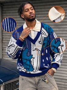 BLACKTOEXIT Men's 2-In-1 Style POLO Collar V-Neck Sweater, Cartoon Character All-Over Jacquard Contrast Color Loose Drop Shoulder Casual Knit Pullover Top - Blue - View 2