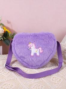 1pc Kids Unicorn Embroidered Heart Shaped Plush Material Small Crossbody Bag With Accessory Storage, Cute Style, Daily Wear - Multicolor - View 7