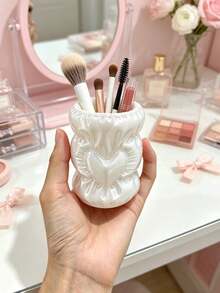 Vintage Heart-Shaped Cinch Storage Bucket, 3D Embossed Pleated Design, Rounded Body, Can Store Makeup Tools, Also Can Be Used As Desk Pen Holder, Dual-Purpose Atmosphere Storage Bucket For Desk And Vanity - Multicolor - View 7