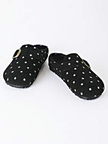 French Vintage Polka Dot Buckle Mule Slippers, Wool Lining With Fleece, Closed Toe Slouchy Slippers, Autumn/Winter - Polka Dot Black - View 5