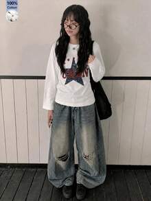 Women's Fashion Autumn/Winter Loose Versatile Letter & Star Print Long Sleeve T-Shirt - White - View 3