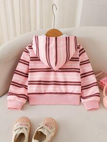 Girls' Striped Hooded Cardigan With Cute Cartoon Puppy Print, Zipper Front, Long Sleeve, Versatile Jacket For Daily Wear, School, Outings And Multiple Occasions - Pink - View 3