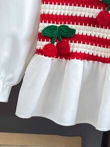 Baby Girl Sweet Cherry Theme 2-Piece Set: Red & White Striped Crochet Cherry Vest With Ruffle Trim Long Sleeve 2-In-1 Top + Frayed Straight Leg Denim Jeans, With 3D Cherry Decor, Fashionable & Cute Spring/Autumn Outfit - Red - View 5