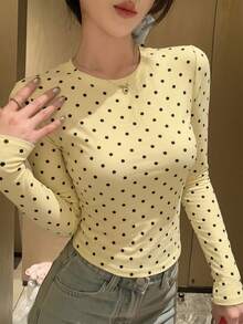 Women's Round Neck Long Sleeve T-Shirt, Spring/Autumn New Fashion Polka Dot Pattern Design, Pure Desire Hot Girl Style, Casual Versatile Slim Fit Cropped Top, Suitable For Daily Wear - Yellow - View 2