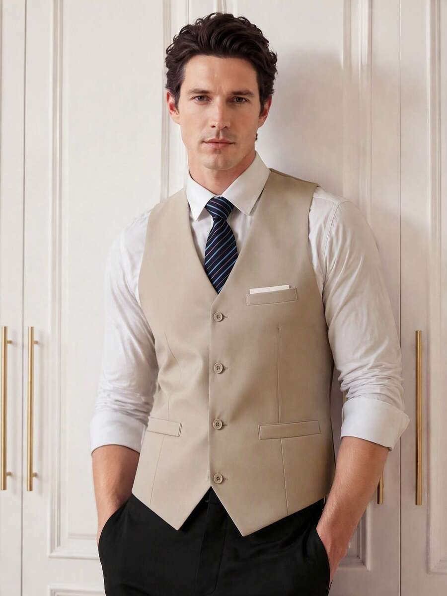 Officeau Men's Formal Vest, Wide Pockets, Solid Color, Suitable For Business, Party, Wedding And Other Occasions, Champagne Color, Size XS-XXXL