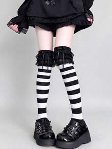 STAR RIVER Gothic Lace Trim Striped Over-The-Knee Socks, Lolita Subculture Punk Japanese Style Knee-High Socks Y2K, Halloween - Multicolor - View 9