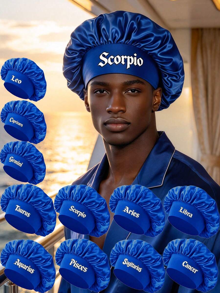 Men 12 Zodiac Signs Satin Hair Bonnet, Horoscope Letter Print Sleep Cap, Wide Elastic Band Silky Night Cap, Soft Satin Headwear For Hair Protection - Blue - View 1