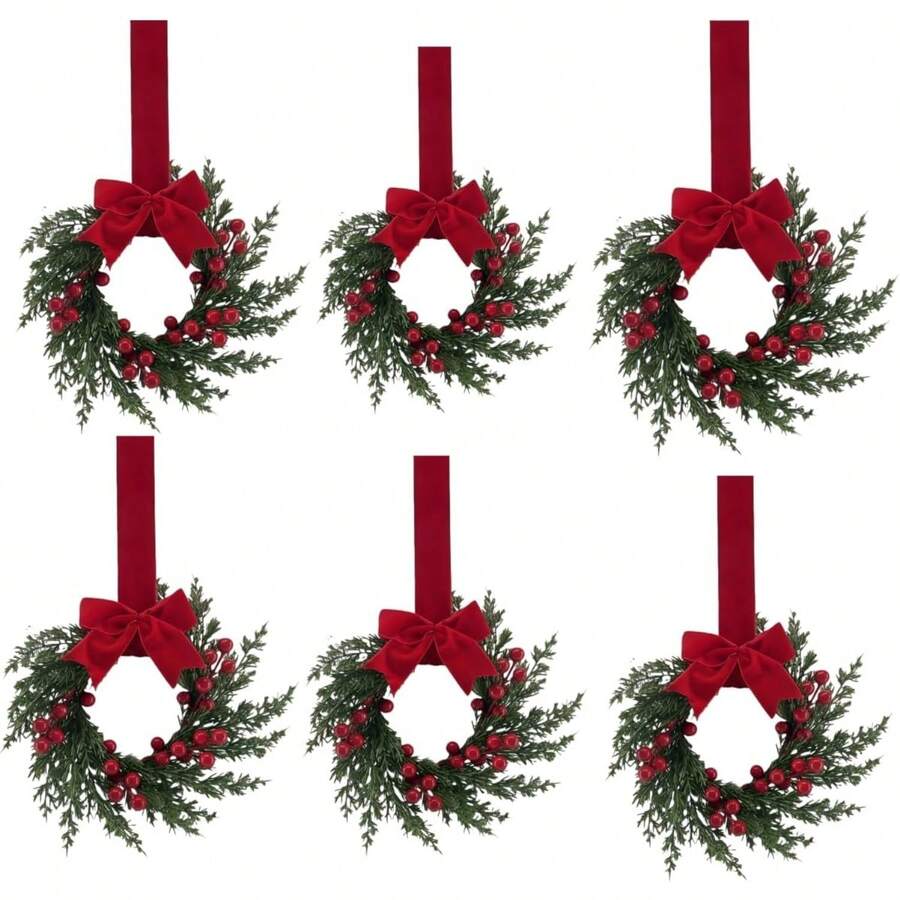 Christmas Kitchen Decor, 6 Pcs Mini Wreaths For Cabinets, Small Cabinet Wreaths For Kitchen Window Door Xmas Party Decorations Candle Rings Fireplaces (Pine And Cypress Christmas Wreath) - Red - View 1