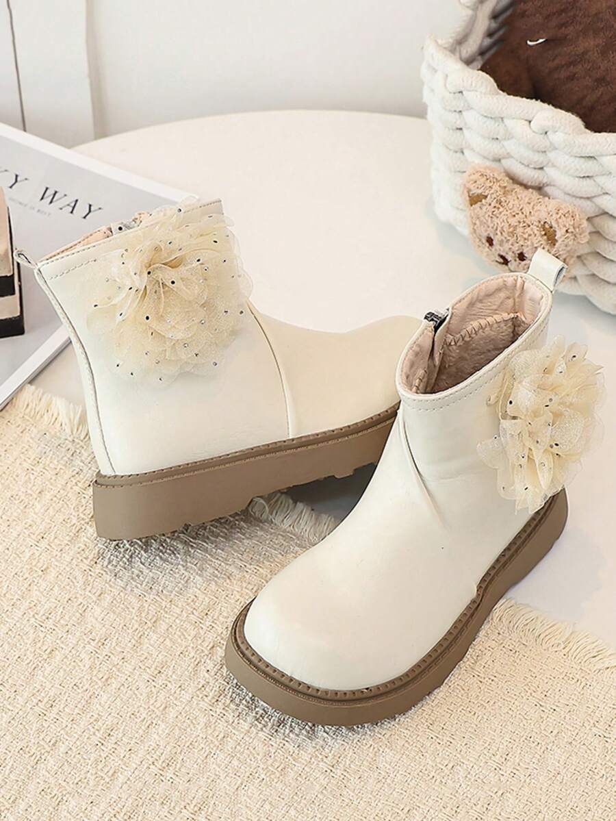 Girls' Ankle Boots, Mesh Flower Decor, Side Zipper, Thick Sole Anti-Slip, Autumn/Winter Princess Boots - Beige - View 1