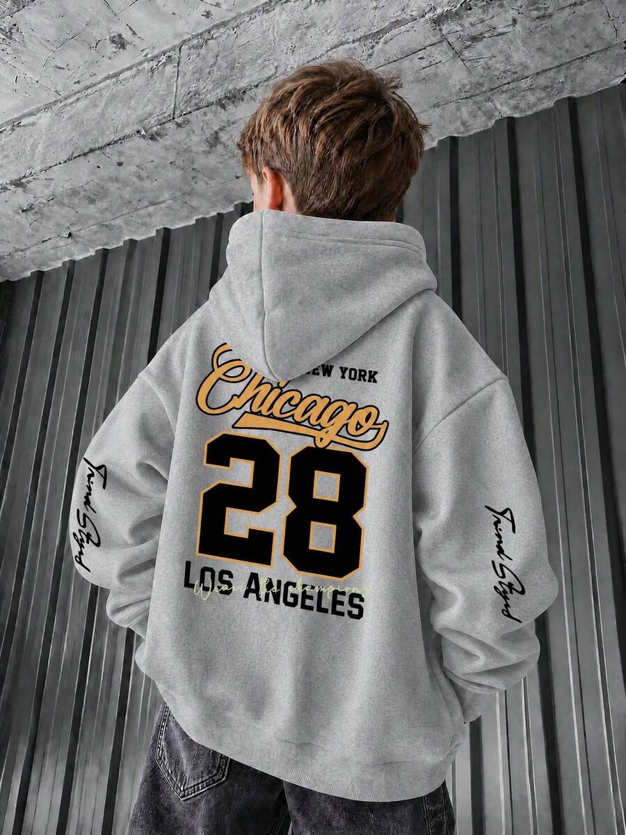 1pc Big Boys American Baseball Style Chicago 28 City Letter Sweatshirt, Heather Grey Vintage Sports Loose Pullover Sweatshirt, Spring/Autumn - Grey - View 1