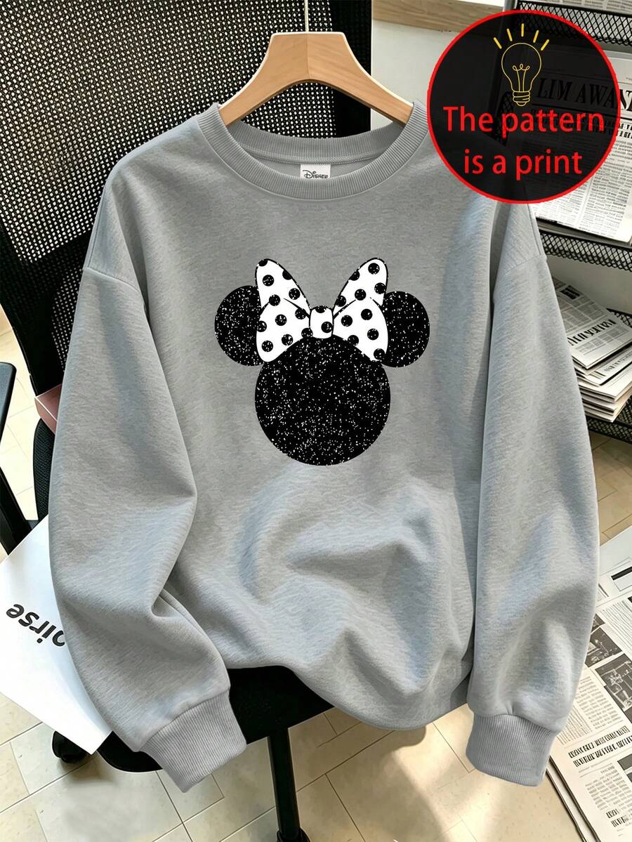 Disney Plus Size Women's Casual Minnie Mouse Silhouette Print Street Style Autumn/Winter Crew Neck Long Sleeve Sweatshirt - Grey - View 1
