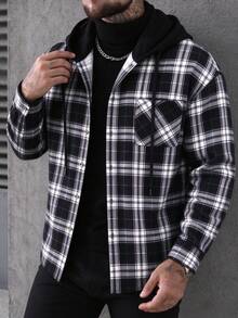 Men's Autumn Long Sleeve Loose Plaid Print Hooded Drawstring Shacket, Perfect Gift For Son, Boyfriend, Father - Black - View 6