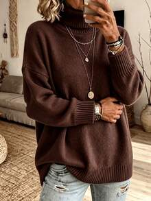 Women's Plus Size Loose High Neck Drop Shoulder Sweater, Autumn/Winter Warm Long Sleeve Ribbed Knit Pullover - Brown - View 6