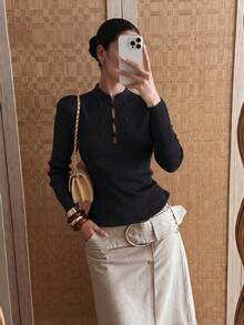 Women's New Autumn Small Stand Collar Long Sleeve Knit Top, Elegant Design For Daily, Campus, Commute And Travel - Black - View 7
