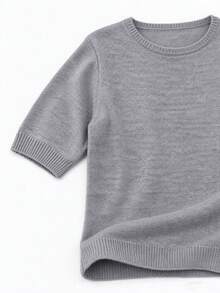 Women's Wool Blend Soft Knit Short Sleeve Top, Loose Fit, 15% Wool Content, Basic Crew Neck Solid Color Half Sleeve Lightweight Knit Sweater, Quiet Luxury Minimalist Commuter Style, Suitable For Office And Business Wear - Grey - View 6