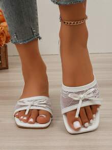 New Elastic Band Elegant Lace Mesh Bowknot Decor Slip-On Round Toe Flat Sandals Women's Summer Vacation Beach Sandals - White - View 5