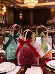 6pcs/Set Frosted Christmas Gift Bags For Parties – Reusable Tote Bags With Handles And Ribbon Bows; Suitable For Weddings, Baby Showers, And Holiday Gifts; Transparent Gift Bags - Multicolor - View 7