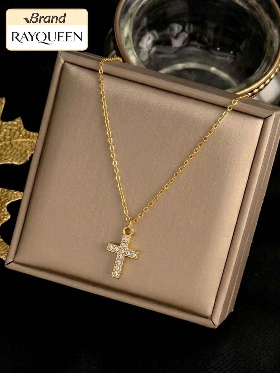 RAYQUEEN 1PC Stainless Steel Rhinestone White Cross Pendant Necklace For Women, Suitable For Daily Wear - Gold - View 1