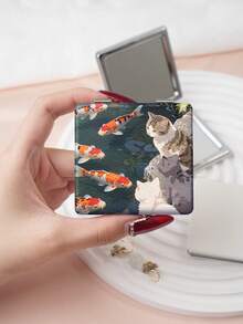 1PC Ins Anime Series Portable Vanity Mirror, Foldable Lightweight Ultra-Thin Convenient Hand Mirror, PU Leather, Suitable For Multiple Scenarios And All People, Foldable Small Square Mirror, Pocket Mirror, Cartoon Cat Grassland Sky Koi Printed Pattern Design, Exquisite Handheld 180° Flip Cover Multi-Function Mini Mirror - Multicolor - View 7