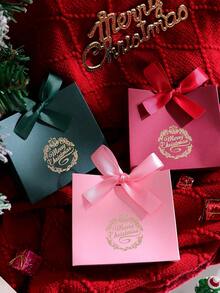 10pcs Christmas Foil Stamped Gift Boxes, Dark Green, Burgundy, Light Pink, Satin Ribbon Bow, Wreath Round Merry Christmas Foil Pattern, Suitable For Christmas, New Year, Holiday Party, Candy And Small Gift Storage - View 2
