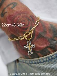 1pc Men's Bracelet, Gold Metal, Cross OT Clasp Design, Exquisite Personalized Versatile Bracelet, Autumn Style Daily Street Fashion - Cross - View 2