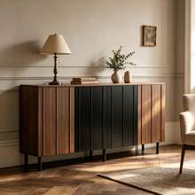 Küchenbuffet & Sideboard 160x35x80 cm, Nussbaumfarben/Schwarz, mit 4 Türen, verstellbaren Innenregalen und Metallbeinen, Beistellschrank, Anrichte, Kommode, Esszimmerschrank, Küchenschrank für Esszimmer, Küche, Wohnzimmer & Flur - Braun - Übersicht 3