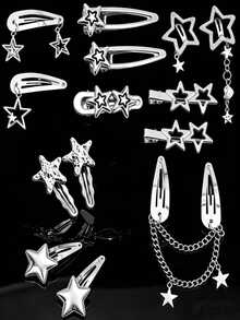14pcs Personalized Star Hair Clips Set, Metal Star Gothic Style Hair Clips, Hair Chains, Hair Accessories, Headwear, Y2K Hip Hop Sweet Style - Silver - View 1
