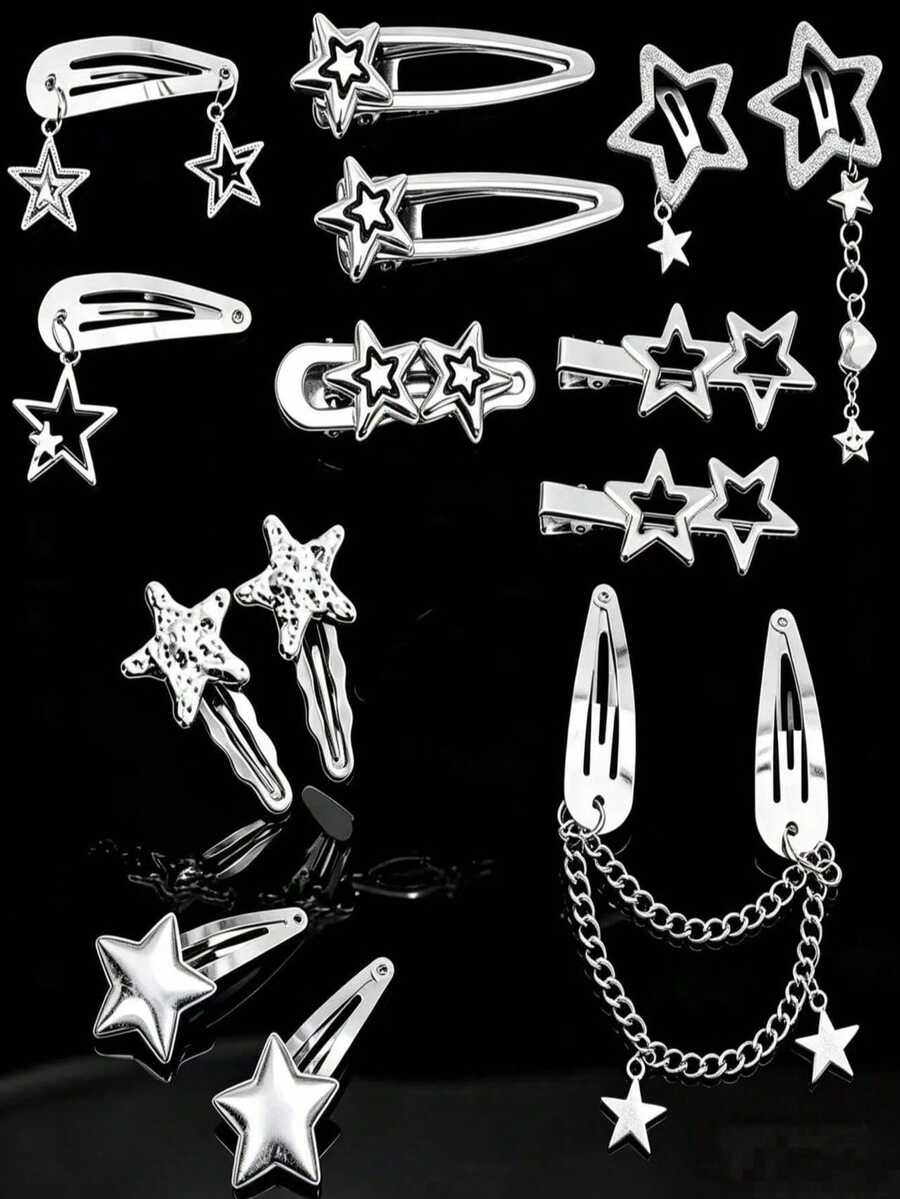 14pcs Personalized Star Hair Clips Set, Metal Star Gothic Style Hair Clips, Hair Chains, Hair Accessories, Headwear, Y2K Hip Hop Sweet Style - Silver - View 1