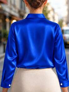 Plus Size Women Casual Satin Button-Up Shirt Spring - Blue - View 2