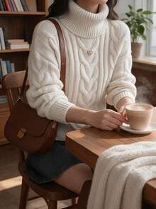 Plus Size Women's Loose Wide Sleeve Soft Knit Pullover Sweater, Dropped Shoulder Long Sleeve, Slouchy, Suitable For Autumn/Winter And Spring/Summer Layering - White - View 6