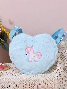 1pc Kids Unicorn Embroidered Heart Shaped Plush Material Small Crossbody Bag With Accessory Storage, Cute Style, Daily Wear - Multicolor - View 9