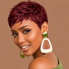 Short Pixie Cut Wigs Designed For Women, Human Hair Featuring Wavy Styles With Bangs. These Wigs Offer A Short Haircut Look, Perfect For Cosplay, And Come In Brown And Burgundy Colors. Ideal For Women Seeking Short Hairstyles - Multicolor - View 13