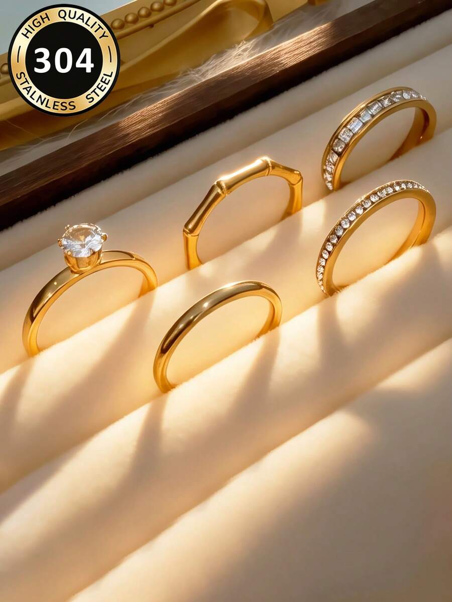 5pcs Set Exquisite Cubic Zirconia Rings For Women, Wedding, Engagement, Party Jewelry, Valentine's Day Gift - 1# - View 1