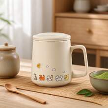 Kawaii Cat Mug With Lid, Cute Cartoon Animal Ceramic Cup For Coffee, Tea, Milk, [Approx. 400ml] Fun Hand-Painted Sun And Cat Design, Ideal Gift For Cat Lovers And Friends - White - View 10