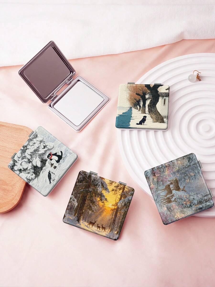1PC Ins Series Portable Vanity Mirror, Foldable Lightweight Ultra-Thin Convenient Hand Mirror, PU Leather, Suitable For Multiple Scenarios And All People, Foldable Small Square Mirror, Pocket Mirror, Modern Style Snowy Landscape Puppy And Deer Printed Pattern Design, Exquisite Handheld 180° Flip Cover Multi-Function Mini Mirror - Multicolor - View 1