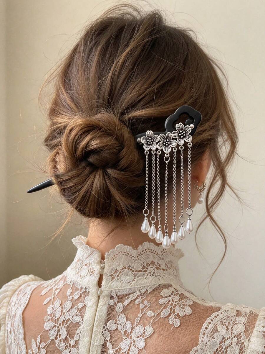 1pc Luxury Vintage Gemstone Tassel Hair Stick With Embossed Floral Leaf Metal Chain Pendant, Women's Updo Hair Pin For Wedding And Party Accessory - Multicolor - View 1
