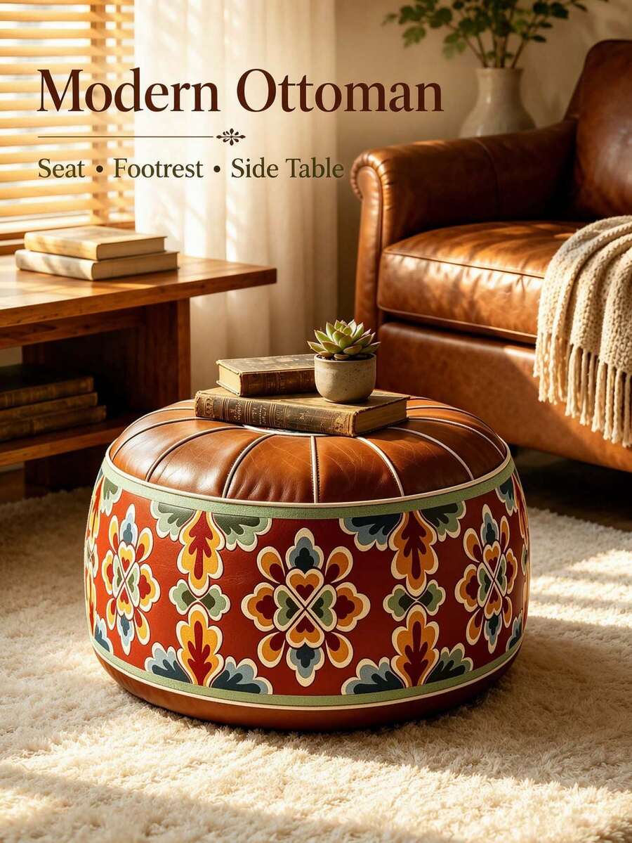 1pc Round Bohemian Style Storage Ottoman, Decorative Floral Pattern ...