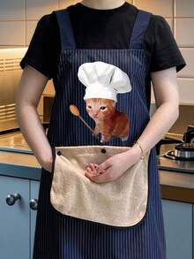 Cute Kitten Apron, Striped Apron, Easy To Wear,Kitchen Apron With Detachable Towels Black Cat Holding Knife With Two Pockets Durable And Easy To Clean, Ideal For Baking, Cooking, Home And Restaurant Use, Holiday Gift, Chef's Essential Apron - Multicolor - View 3