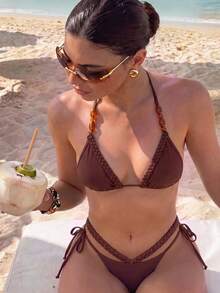 Bikinx Women's Halter Tie Bikini Set With Beaded Woven Details And Side Tie Bottoms, Suitable For Beach Vacation - Brown - View 1