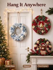 New 3D DIY Fabric Punch Needle Wreath Making Kit, Adult Christmas Wreath DIY Set, Includes Snowflake, Highland Cow, Hummingbird, Bell And Gnome Themes, Suitable For Making Holiday Home Decor - C - View 3