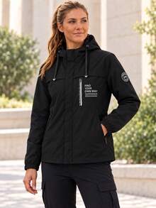 AODSR Women's Black Hooded Jacket With Multiple Zip Pockets, Drawstring And Letter Print, Long Sleeve Zip Front Outerwear - Black - View 4