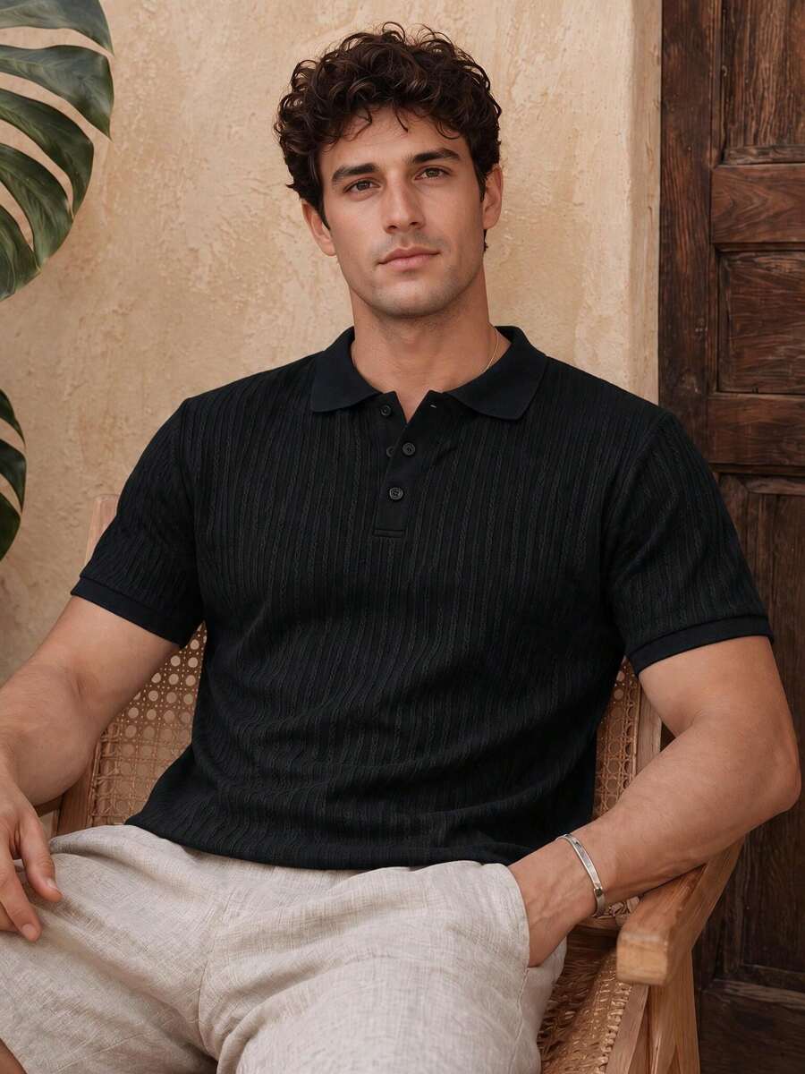 Men's Vertical Ribbed Knit Short Sleeve Polo Shirt, Slim Fit Casual Streetwear Top - Black - View 1