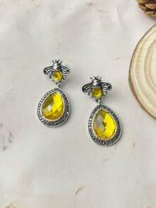 Yellow Teardrop Drop Earrings Bee Antique Metal Color Blocking Boho Vintage - Bee Teardrop Earrings - View 11