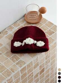 Handmade Crochet Beanie With 3D Flower, Floral Knit Winter Hat For Women, Warm Ear-Covering Hat, Face-Slimming Design, Atmosphere Style - Multicolor - View 6
