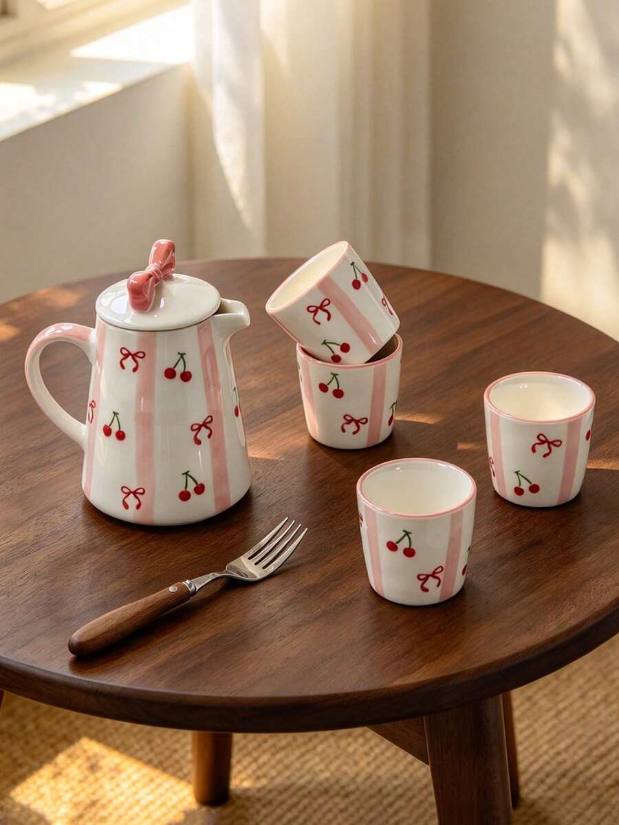 1 Teapot 4 Cups Set, INS Style Cute Handmade Ceramic Teapot And Teacup Set, Hand-Painted Cherry Line Teapot And Teacup, Coffee Pot Afternoon Tea Cup Gift Box Set, Highly Attractive Gift