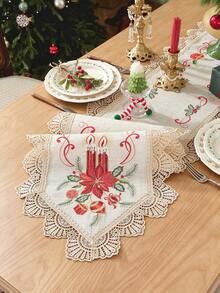 ABEST6522 Home&Living store 1pc Christmas Candle And Poinsettia Embroidered Table Runner, Hollow Carved Design, Vintage Christmas Table Decor, Suitable For Dinner Party, Family Gathering, Home Holiday Decoration - Multicolor - View 5