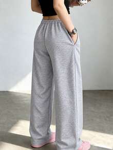Women's High Waist Wide Leg Drawstring Loose Casual Jogger Pants - White-gray - View 5