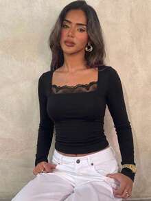 Sexy Lace Trim Long Sleeve Top Women Fashion Slim Fit Versatile Blouse - Black - View 2